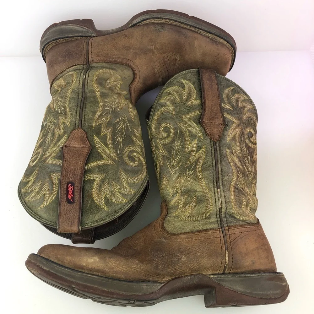 Durango Brown Leather Green Cowboy Western Boots Size 8.5